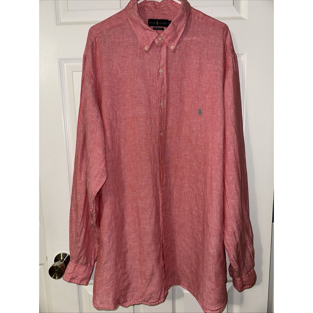 Polo Ralph Lauren Men's 2XLT  Pink Linen Button Down Shirt Untucked Fit